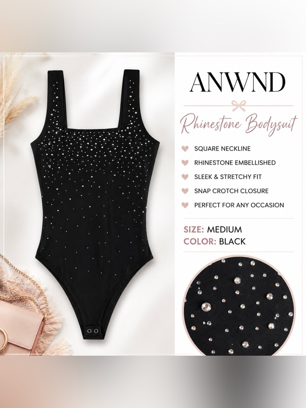 TITLE: ANWND Rhinestone Embellished Bodysuit Black Medium NWT